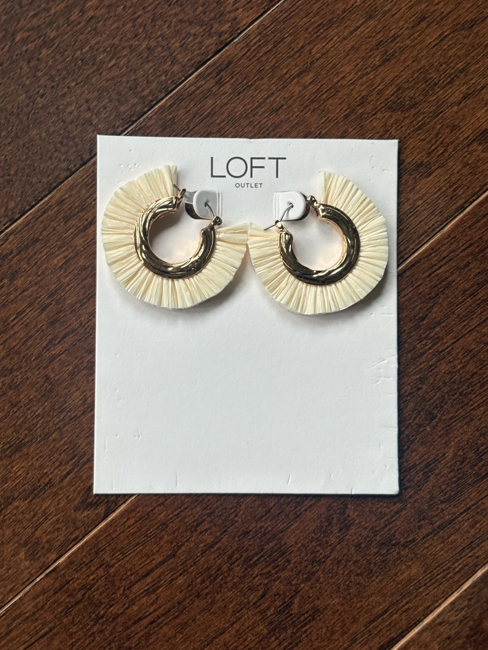 LOFT Gold Hoop Earrings with Cream Raffia Fringe